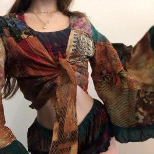 Women's Green and Tan Hand Made 100% Cotton Long Sleeve V-Neck Crop-top